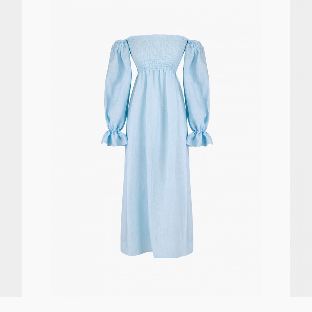 Worn & dry-cleaned once. Sleeper Atlanta Linen Dress in Azure Blue. Size S!